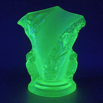 (image for) Brockwitz #6925 Art Deco Uranium Green Glass 'Parakeet' Bird Vase