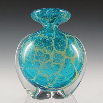 (image for) SIGNED Mdina 'Blue Crizzle' Maltese Blue & Yellow Glass 'Side Stripe' Vase
