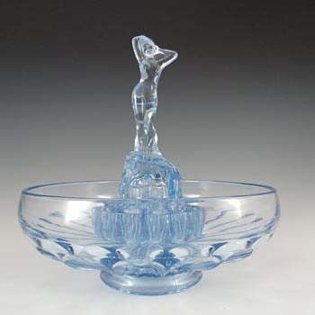 (image for) Bagley Art Deco Blue Glass 'Andromeda' Nude Lady Figurine & Bowl Set