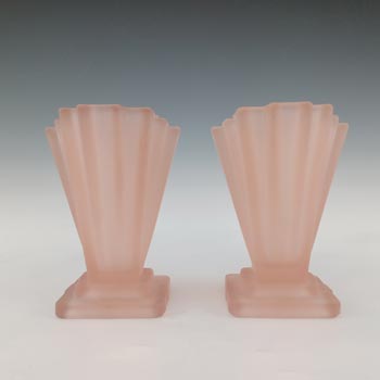 Bagley #334 Pair of Art Deco 4" Pink Glass Grantham Vases