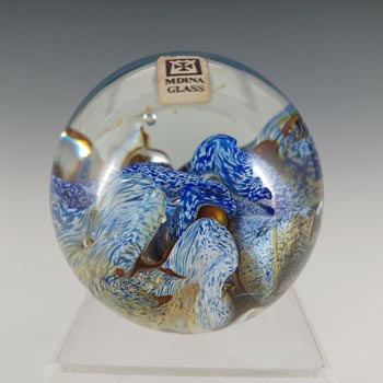 (image for) SIGNED Mdina Maltese Blue & White Glass 'Waves' Paperweight