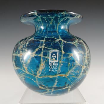 (image for) SIGNED Mdina 'Blue Crizzle' Maltese Blue & Yellow Glass Vase