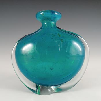 (image for) SIGNED Mdina Bubbly Maltese Blue & Yellow Glass 'Side Stripe' Vase