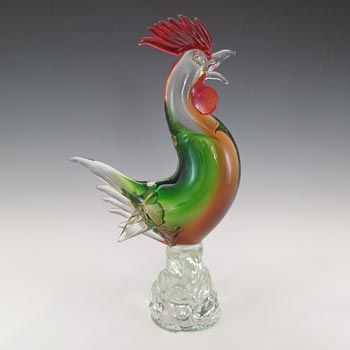 Murano Green, Amber & Red Glass Cockerel Sculpture - Labelled