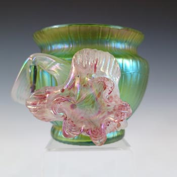 Kralik Art Nouveau Applied Flower Iridescent Green Glass Vase