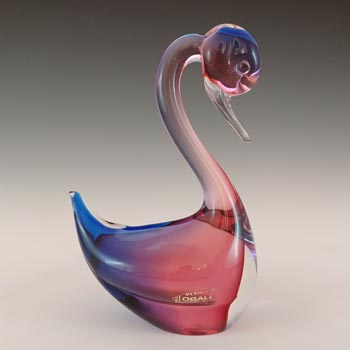 LABELLED Oball Murano Pink & Blue Cased Glass Swan Sculpture