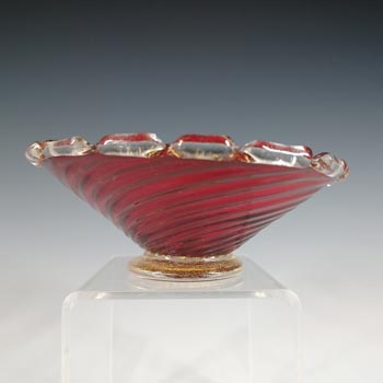 (image for) Murano / Venetian 1950's Red Glass & Gold Leaf Footed Bowl