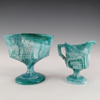 Victorian Turquoise Malachite / Slag Glass Sugar Bowl & Creamer Set
